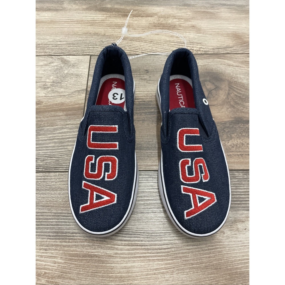 Nautica USA Slip On Sneaker Boys Size 13 Blue Red White Akeley